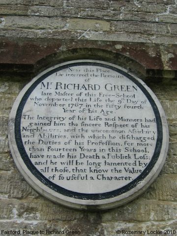 Recent Photograph of Plaque to Richard Green (Fairford)