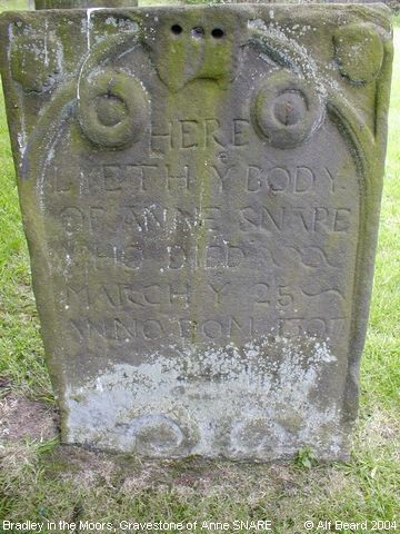 Recent Photograph of Gravestone of Anne SNARE (Bradley in the Moors)
