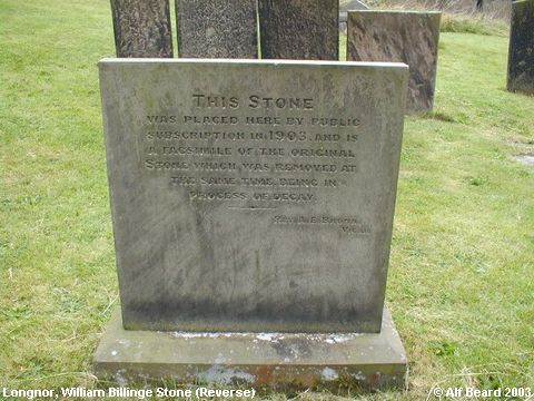 Recent Photograph of Gravestone of William Billinge (Reverse) (Longnor)