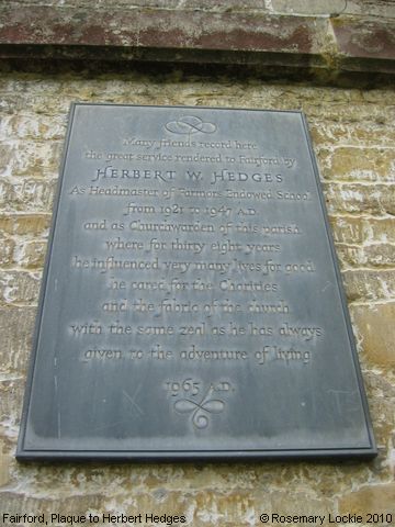 Recent Photograph of Plaque to Herbert Hedges (Fairford)