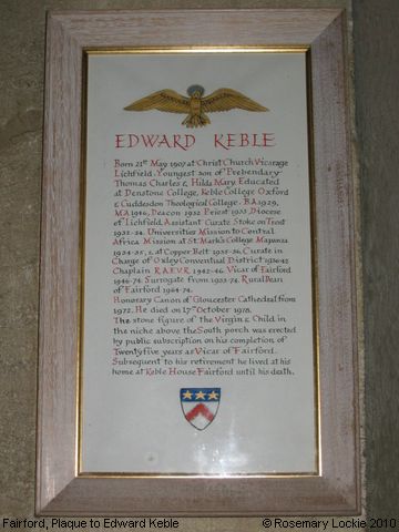 Recent Photograph of Plaque to Edward Keble (Fairford)