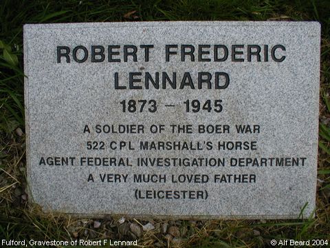 Recent Photograph of Gravestone of Robert F Lennard (Fulford)